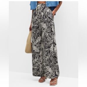 FRAME Black White Palm-Printed Real Silk Cotton Drawstring Lounge Pants, Size M